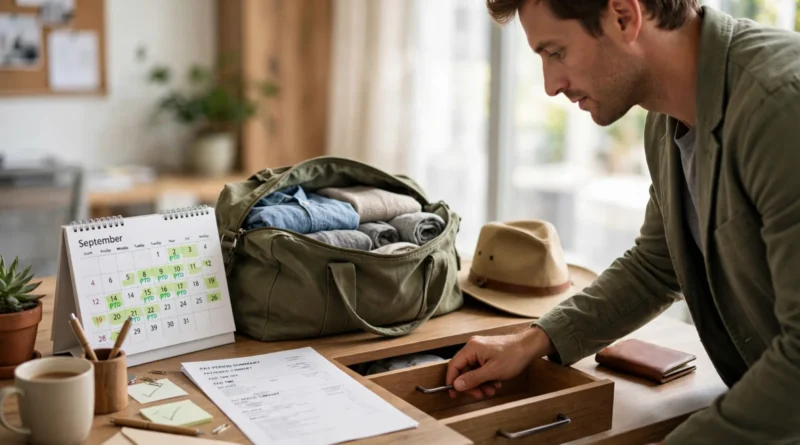 Employee preparing for paid time off with vacation calendar, travel bag, and benefits information