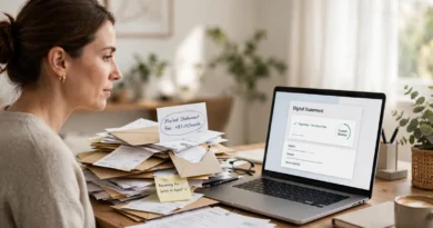 Paper bank statements beside a laptop displaying digital banking records