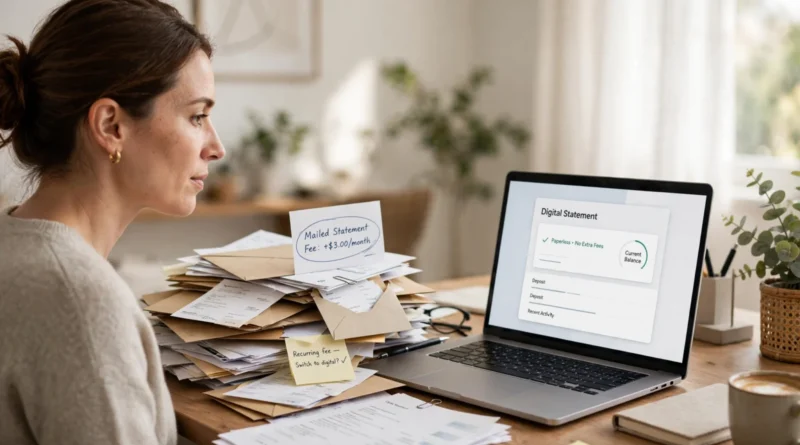 Paper bank statements beside a laptop displaying digital banking records