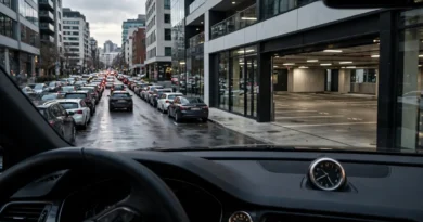 Driver comparing paid garage parking with searching for street parking