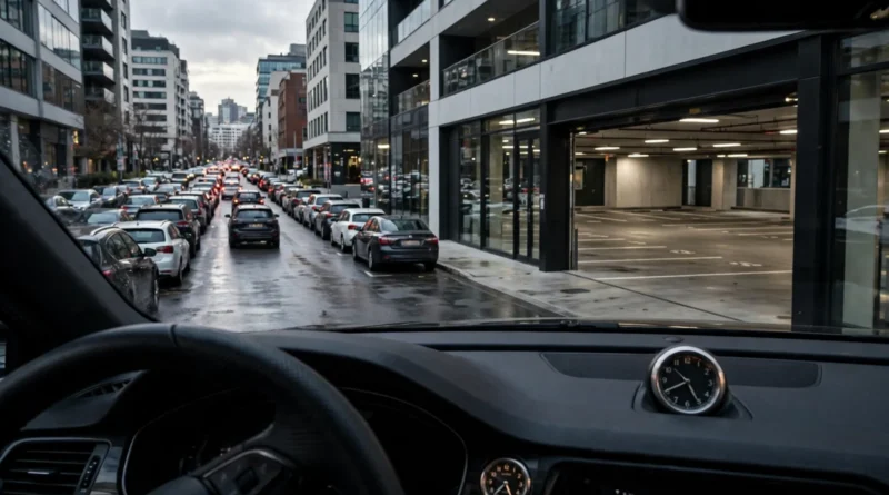 Driver comparing paid garage parking with searching for street parking