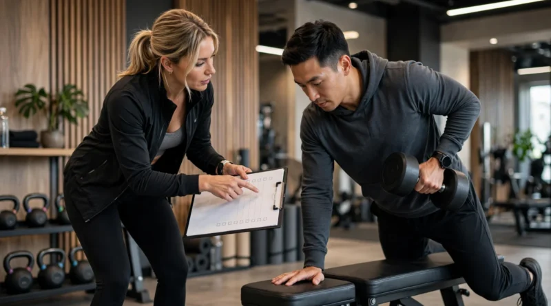 Personal trainer coaching a client through a strength exercise