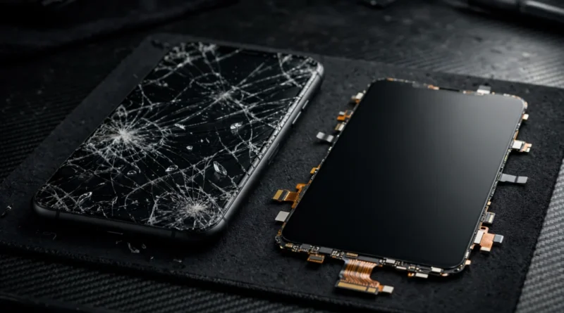 Cracked smartphone display beside a replacement screen for repair comparison