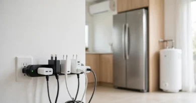 Unused electronic chargers plugged into a wall outlet and power strip