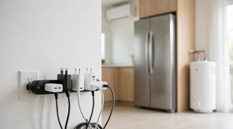 Unused electronic chargers plugged into a wall outlet and power strip