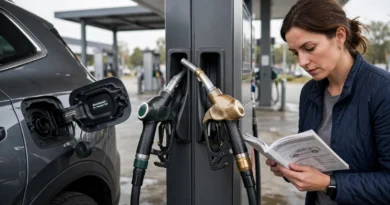 Driver choosing between regular and premium gasoline at a fuel pump