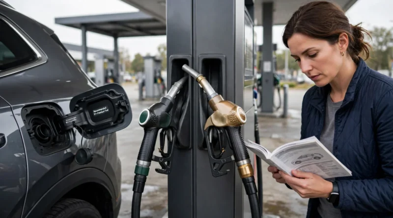 Driver choosing between regular and premium gasoline at a fuel pump