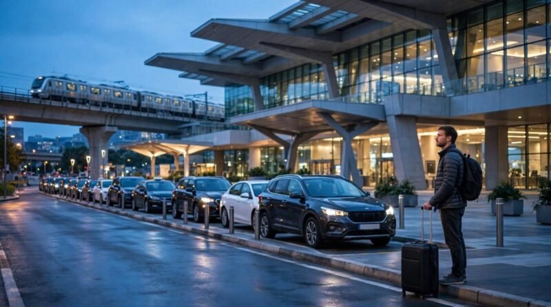 Airport traveler choosing between public transit and ride-hailing outside a terminal