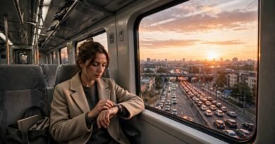 Train passenger checking the time while traffic moves slowly below