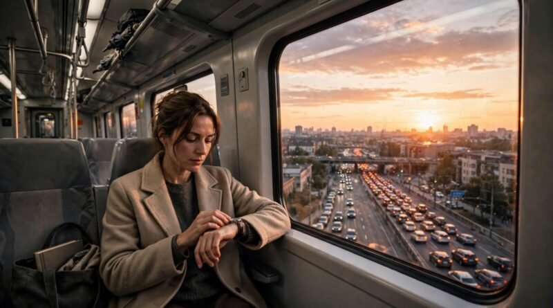 Train passenger checking the time while traffic moves slowly below