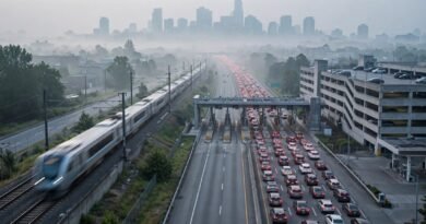 Commuter rail moving beside highway traffic during the morning commute