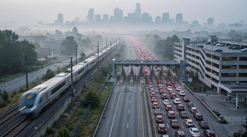 Commuter rail moving beside highway traffic during the morning commute