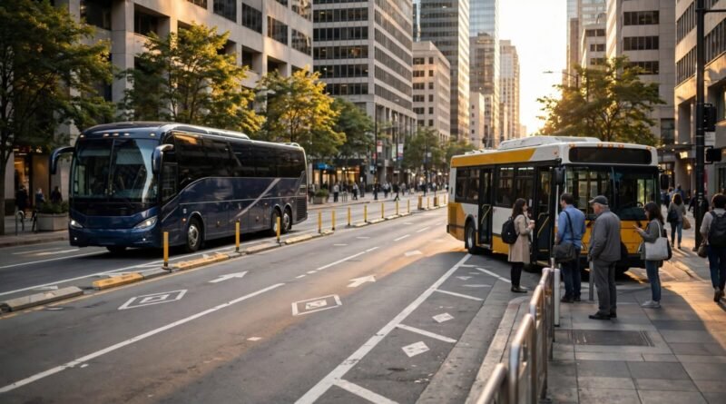 Express bus and regular city bus compared on an urban commuter route