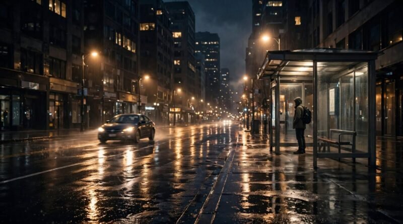 Late-night commuter comparing limited public transit with ride-hailing