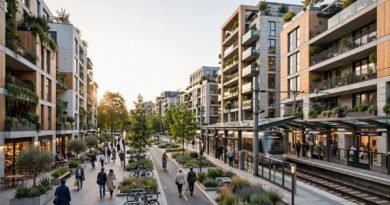Modern apartments located beside a public transit station in a walkable neighborhood