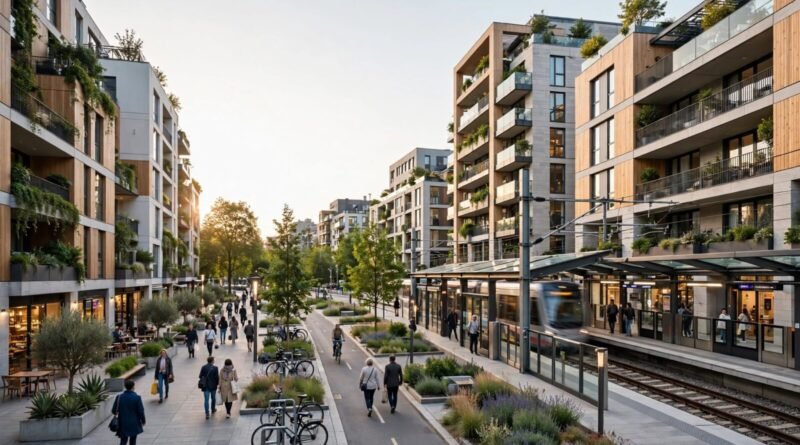 Modern apartments located beside a public transit station in a walkable neighborhood