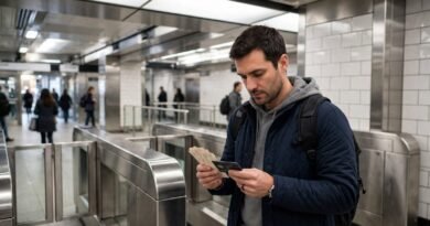 Commuter comparing a monthly transit pass with pay-per-ride fares at a metro station