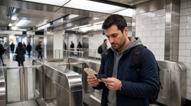 Commuter comparing a monthly transit pass with pay-per-ride fares at a metro station