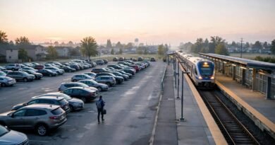 Park-and-ride commuter walking from a parking area toward a train platform
