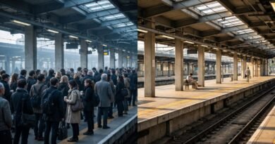 Crowded peak-hour transit platform compared with a quieter off-peak period
