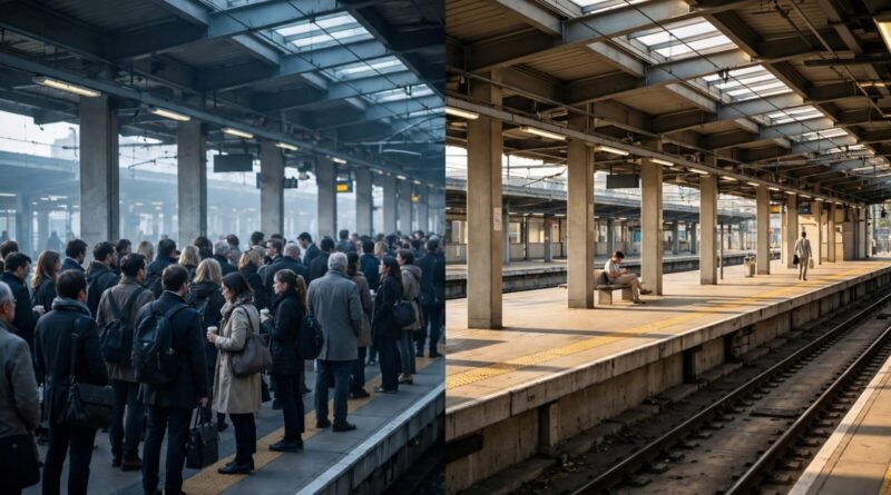Crowded peak-hour transit platform compared with a quieter off-peak period