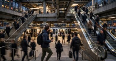 Commuter transferring between public transit lines in a busy multi-level station