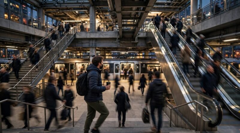 Commuter transferring between public transit lines in a busy multi-level station