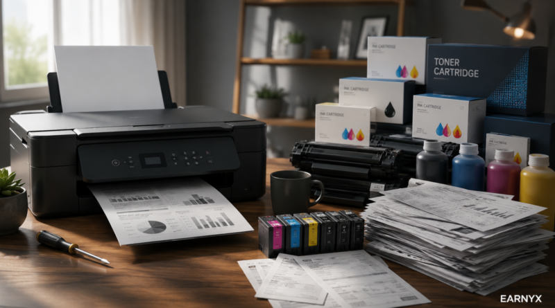 Home printer with ink cartridges illustrating the total cost of printer ownership