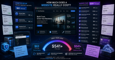 Website dashboard surrounded by domain, hosting, email, plugins, security and maintenance costs for starting a website.