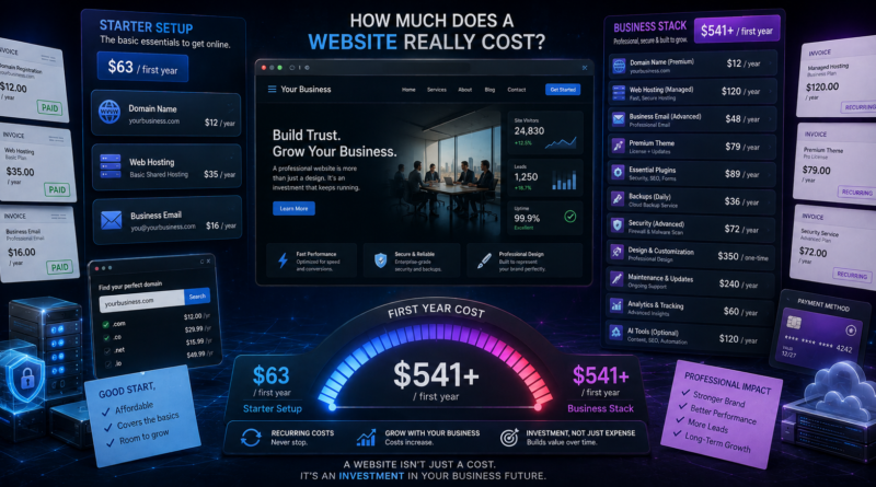 Website dashboard surrounded by domain, hosting, email, plugins, security and maintenance costs for starting a website.