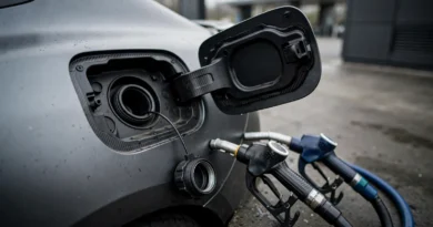 Premium fuel nozzles beside a car fuel door illustrating required versus recommended premium