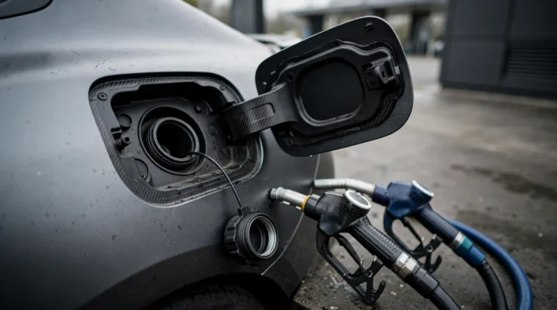 Premium fuel nozzles beside a car fuel door illustrating required versus recommended premium