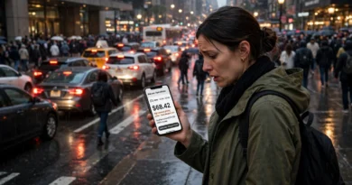 City commuter checking a higher ride-hailing fare during peak demand