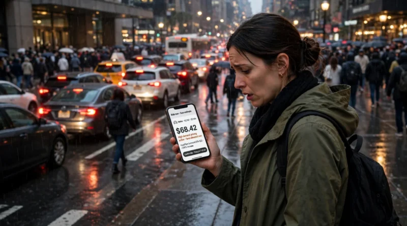 City commuter checking a higher ride-hailing fare during peak demand