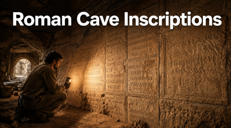Roman cave wall covered with ancient Latin inscriptions
