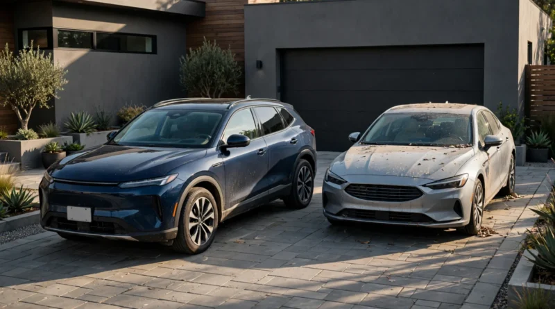 Two cars in a residential driveway illustrating the ongoing cost of second-car ownership.