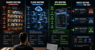 Shared hosting, cloud hosting and VPS server environments compared by cost, scalability, control and technical complexity.