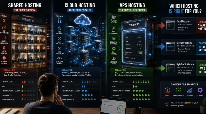 Shared hosting, cloud hosting and VPS server environments compared by cost, scalability, control and technical complexity.
