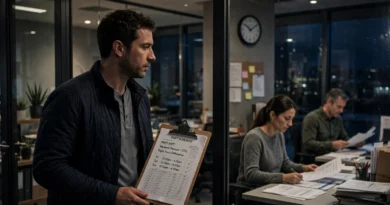 Night-shift worker reviewing a schedule and pay information for shift differential compensation