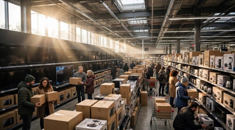 Black Friday shopping scene with consumers comparing discounted products