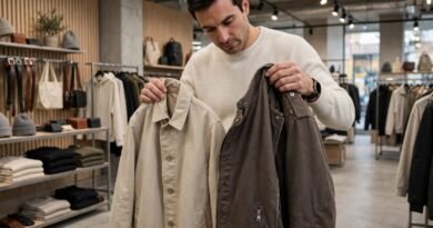 Shopper comparing factory outlet products for materials, construction quality and value