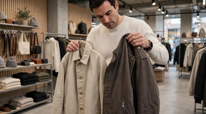 Shopper comparing factory outlet products for materials, construction quality and value