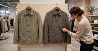 Shopper comparing outlet store pricing with regular retail sale value