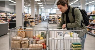 Shopping cart comparing store-brand groceries with household goods for value