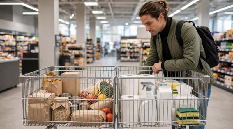 Shopping cart comparing store-brand groceries with household goods for value