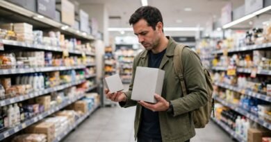 Shopper comparing package sizes to calculate unit pricing and find the better value