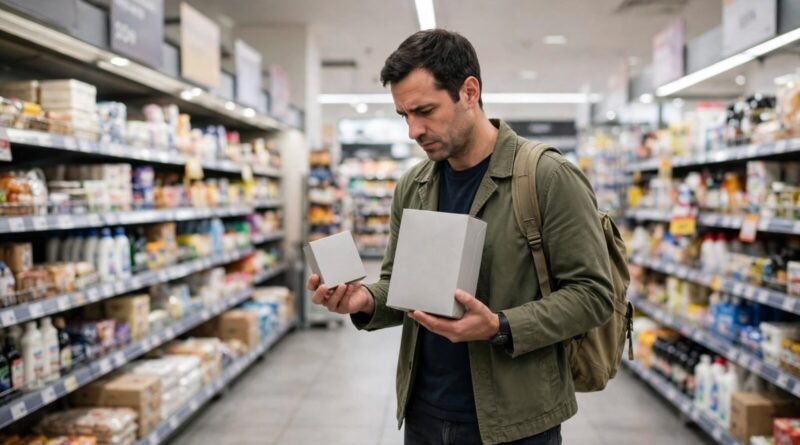 Shopper comparing package sizes to calculate unit pricing and find the better value