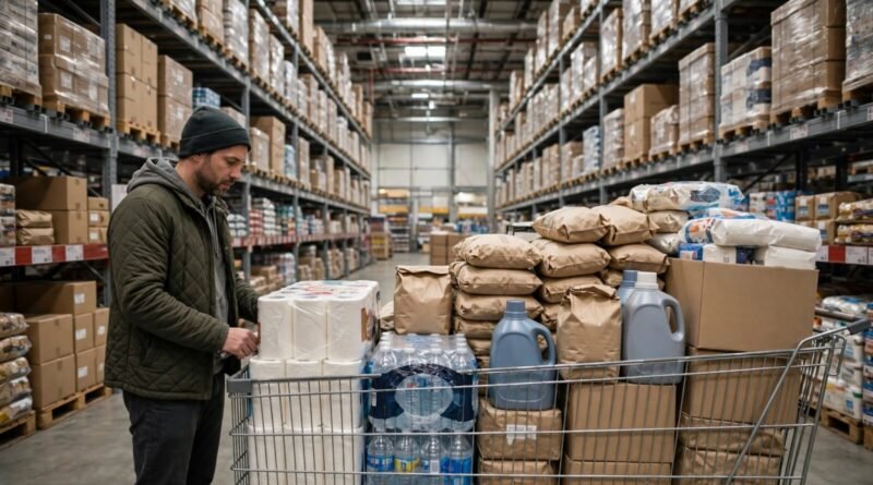 Warehouse club shopper reviewing bulk purchases to judge membership break-even value