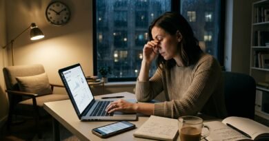 Professional working on a side hustle after hours while weighing extra income against time, fatigue and personal life.