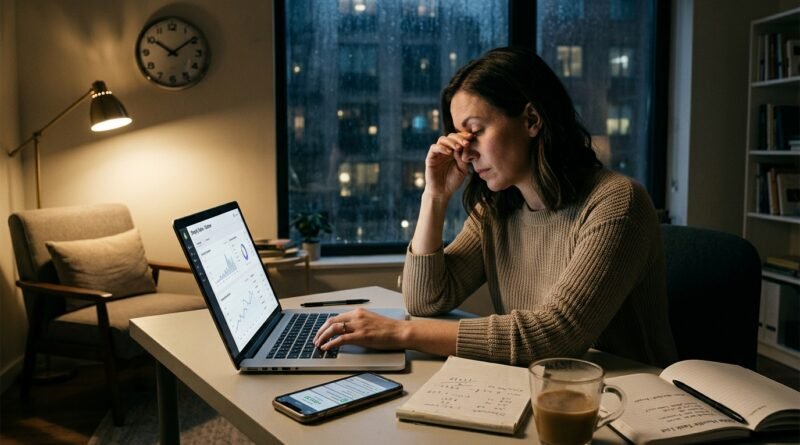 Professional working on a side hustle after hours while weighing extra income against time, fatigue and personal life.